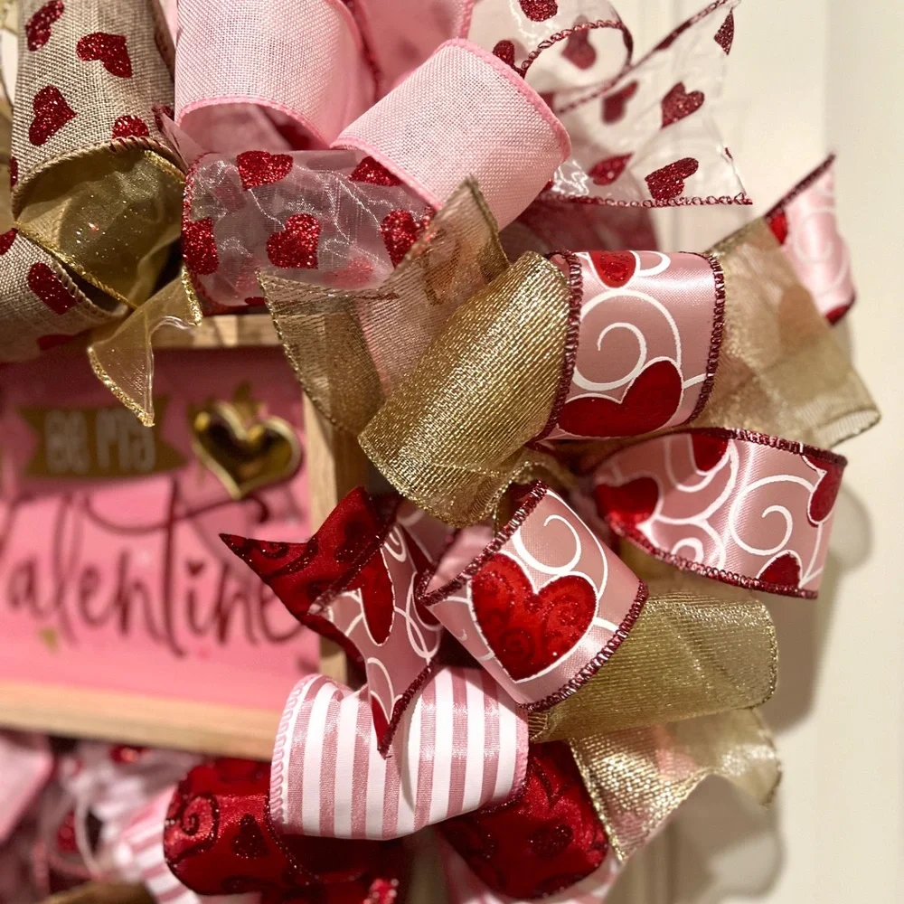Handmade 17” Valentine’s Day Ribbon Wreath Hearts in Red & White w27